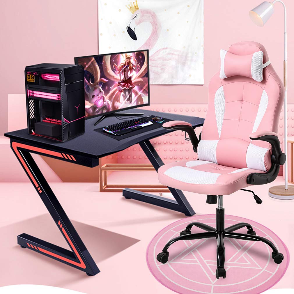 Gaming Chair Office Chair Desk Chair with Lumbar Support Flip Up Arms Headrest Swivel Rolling Adjustable PU Leather Racing Computer Chair for Girls,Pink