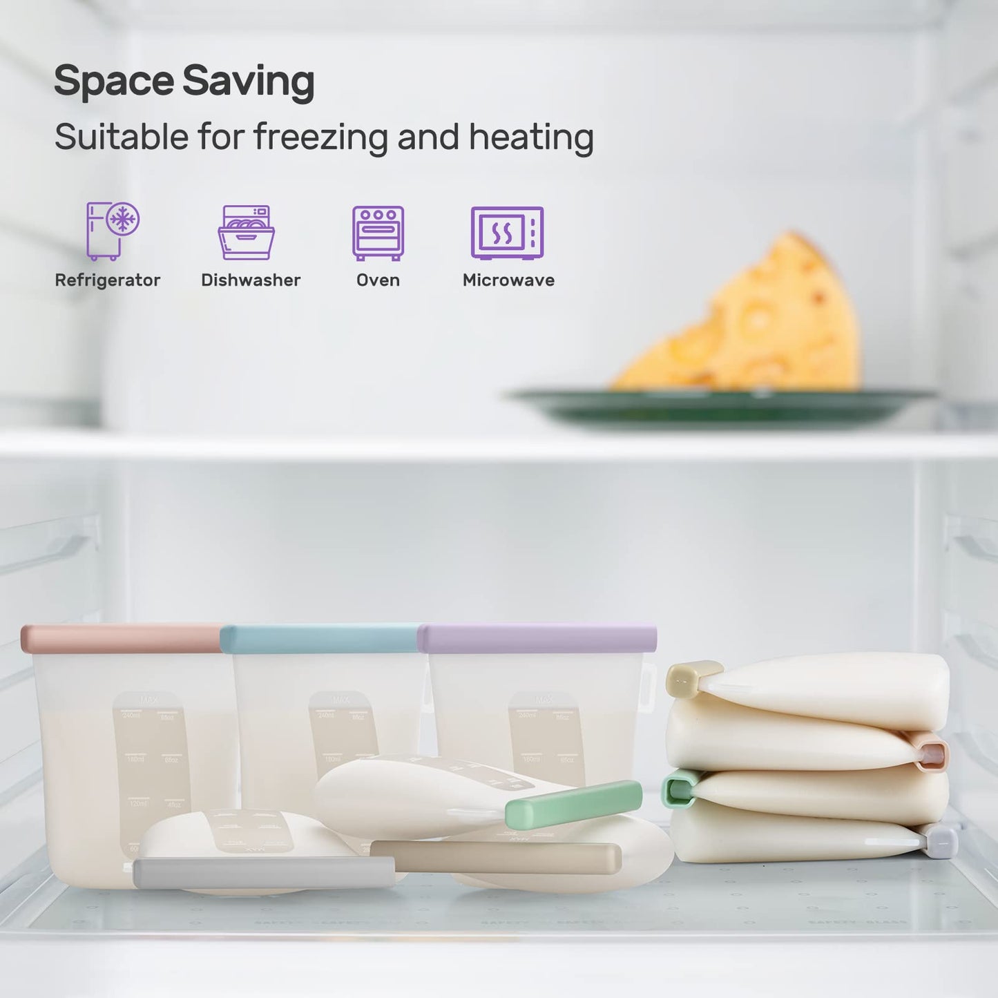 Nuliie 7 Pcs Silicone Breastmilk Storage Bags Reusable, 8oz/240ml Double Leak-Proof Breastmilk Freezer Bags, BPA Free Self-Standing Milk Bags for Breastfeeding, Baby Food Pouches