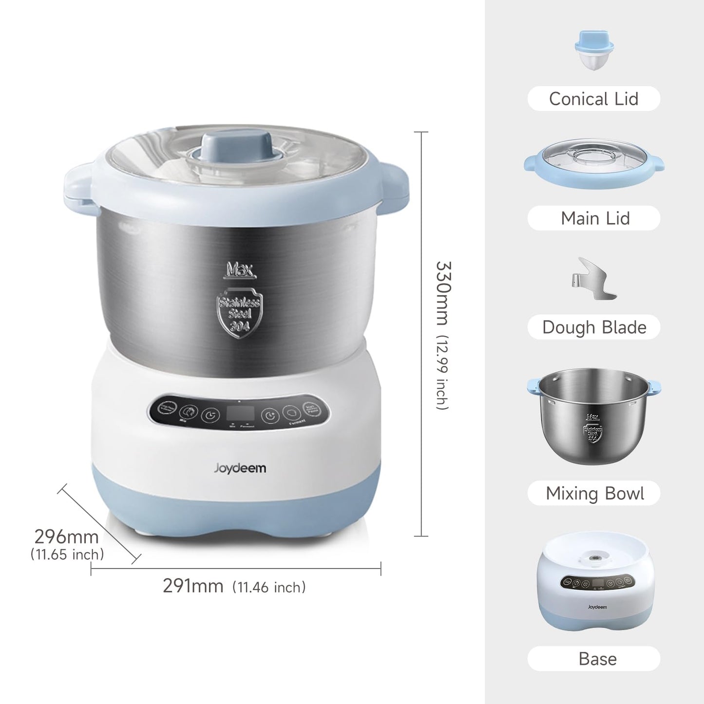 Joydeem Electric Dough Maker with Ferment Function, Microcomputer Timing, Face-up Touch Panel, 6.6Qt, 304 Stainless Steel, JD-HMJ7L