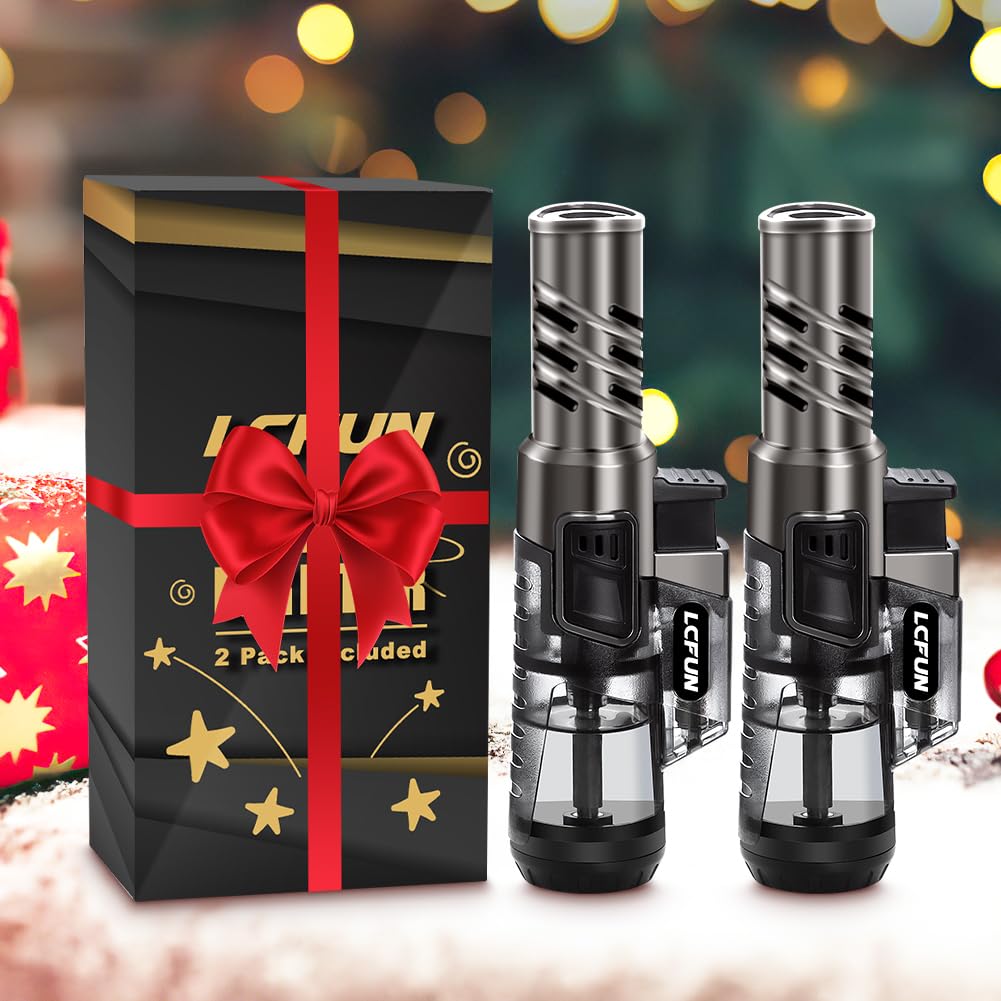 LcFun Torch Lighter 2 Pack Windproof Adjustable Single Jet Flame Butane Lighter Refillable Gas Lighter for Candle Camping Grill BBQ Fireplace (Butane Not Included)