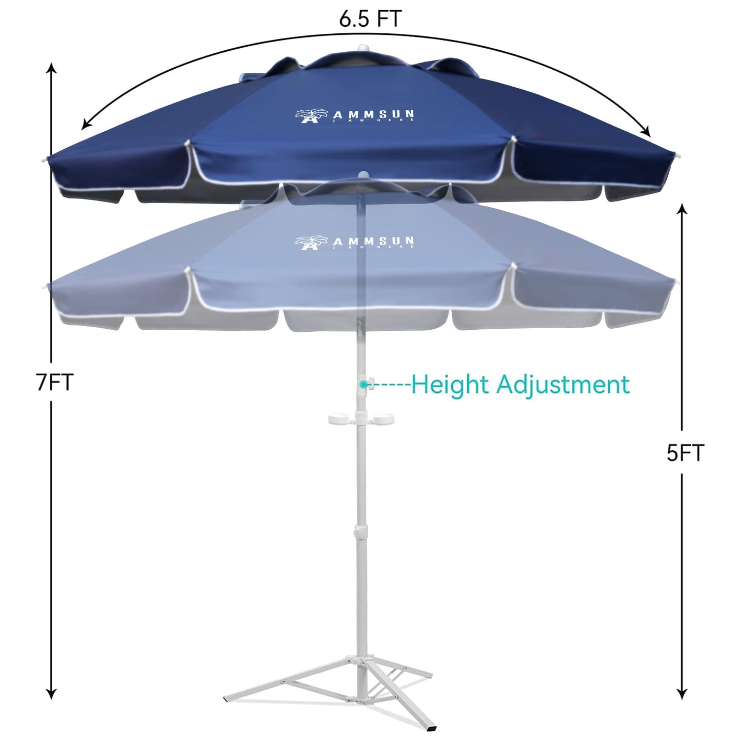 AMMSUN Shade Umbrella, Premium Portable Umbrella with Stand, 6.5ft Lightweight Free Standing Canopy for Sporting Games, Adjustable Instant Sun Protection and Easy to Carry, Navy Blue