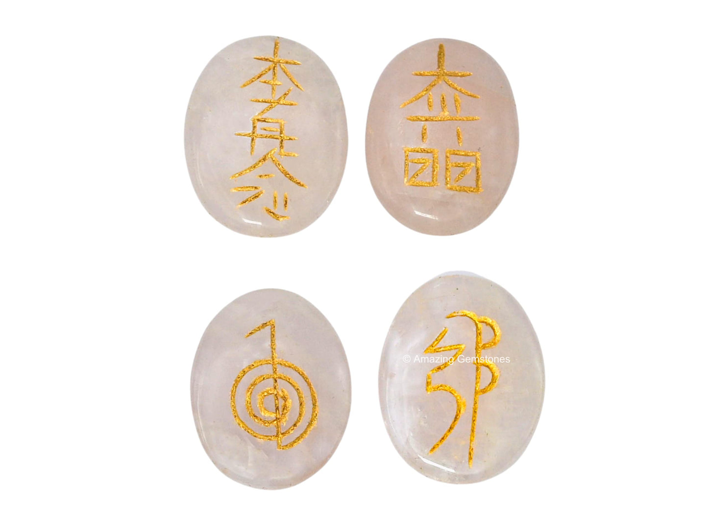 Amazing Gemstone Rose Quartz Crystal Reiki Stones with Engraved Symbols for Usui Reiki Healing, Set of 4 Pcs (Indian Handmade Reiki Gift Set)
