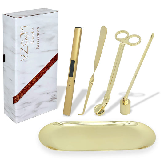 Exquisite Candle Accessories Tool Pack Bag, Rechargeable Electric Lighter， Wick Trimmer, Dipper, Snuffer and Tray Holder Elegant Kit Gift for Candle Lovers in Dating, Valentines Decor. ( Lemon Gold )
