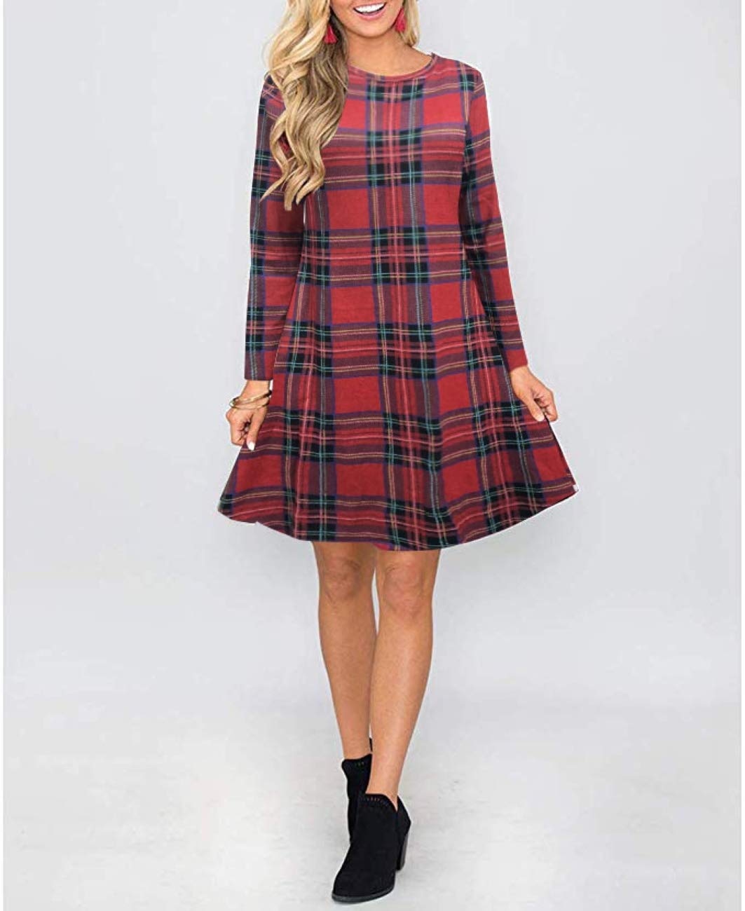 MIROL Women's Long Sleeve Plaid Color Block Casual Swing Loose Fit Tunic Dress