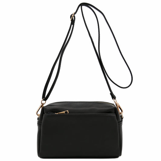 FashionPuzzle Triple Zip Small Crossbody Bag (Black)