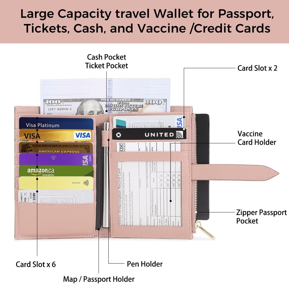Passport Holder for Women, RFID Blocking Travel Wallet Case with Credit Card Holders, Slim Thin Leather Passport Wallet with Zipper