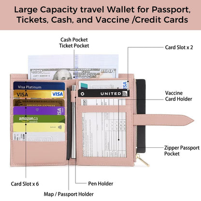 Passport Holder for Women, RFID Blocking Travel Wallet Case with Credit Card Holders, Slim Thin Leather Passport Wallet with Zipper