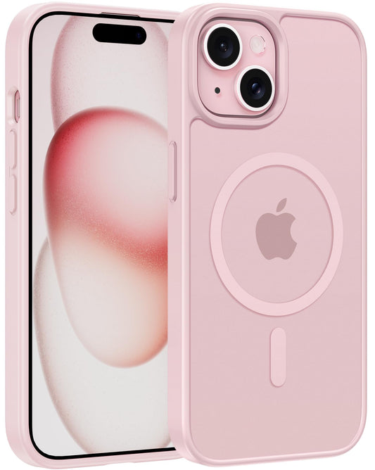 FNTCASE for iPhone 15 Case: for iPhone 14 & iPhone 13 Case | Magnetic Frosted Translucent Slim Shockproof Cell Phone Cover | Military Grade Protection Drop Proof Tough Protective Cases - LightPink