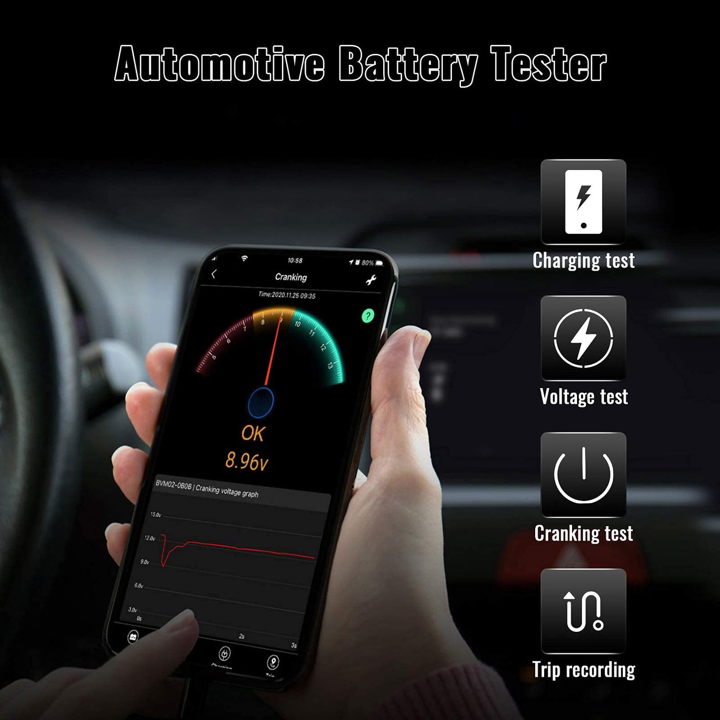 LNEX Bluetooth Battery Monitor，Wireless 12V 24V Automotive Battery Load Tester with Charging & Cranking Test & Alarm for Solar Power Systems/RVs/Motorcycles/Boats/Cars/Trucks