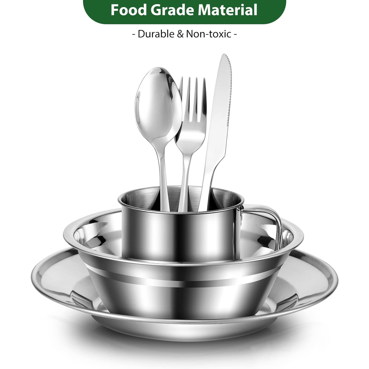 Odoland 29pcs Stainless Steel Utensils Camping Tableware Kit with Bowls Plates Cups Forks Spoons and Knives for 4, Cutlery Flatware Set for Backpacking, Outdoor Camping Hiking and Picnic