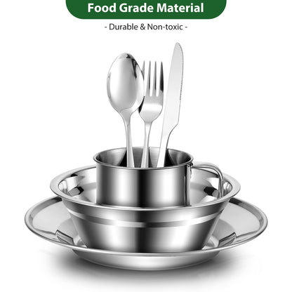 Odoland 29pcs Stainless Steel Utensils Camping Tableware Kit with Bowls Plates Cups Forks Spoons and Knives for 4, Cutlery Flatware Set for Backpacking, Outdoor Camping Hiking and Picnic