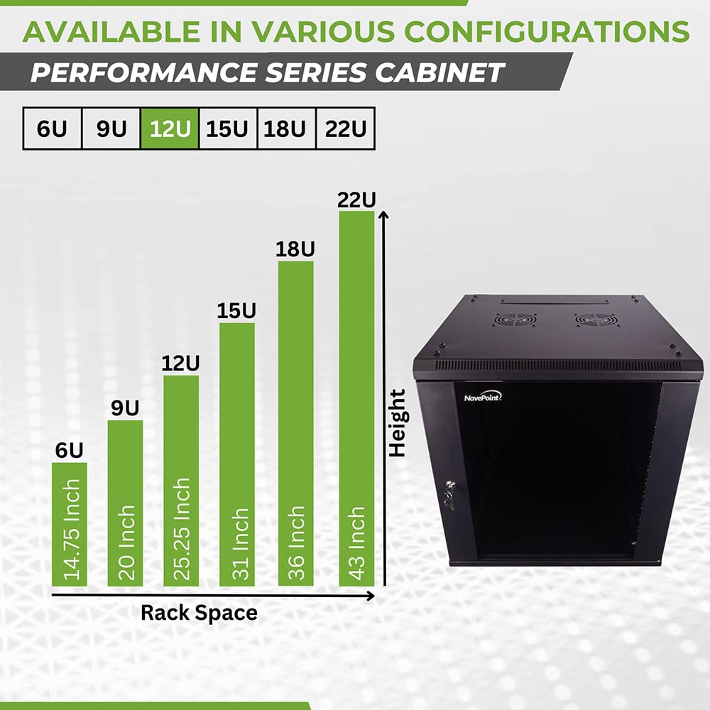 NavePoint 12U Server Cabinet Wall Mount Rack Enclosure Includes 2 Fans, Locking Glass Door, Removable Side Panels – 12U Network Cabinet 23.6” Deep, 19 Inch Server Rack for IT and A/V Equipment