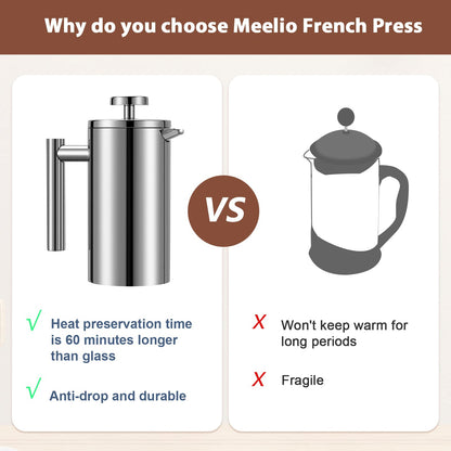 Meelio Small French Press 350ml, Double-Wall Insulated French Press Coffee Press Stainless Steel for travel camping, Single Cup Pour Over Coffee Maker (1 cup, 12 OZ)