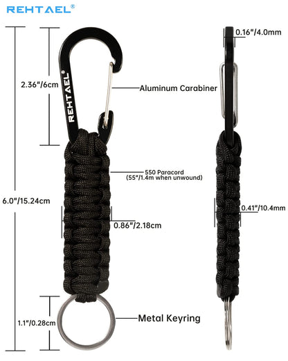 REHTAEL Keychain Paracord Carabiner Men/Women, Military Braided Heavy Duty Key Chain w/Belt Clip D-Ring for Car Keys, Keychain Strap for Backpack Camping Hiking, 4Pcs (4*Black)