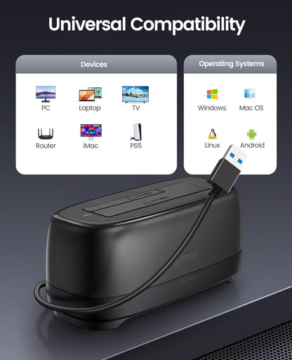 ORICO External Hard Drive Docking Station for 2.5/3.5 Inch HDD SSD USB 3.0 to SATA Hard Drive Dock Up to 22TB Support UASP 12V Power Adapter Supply-DD18
