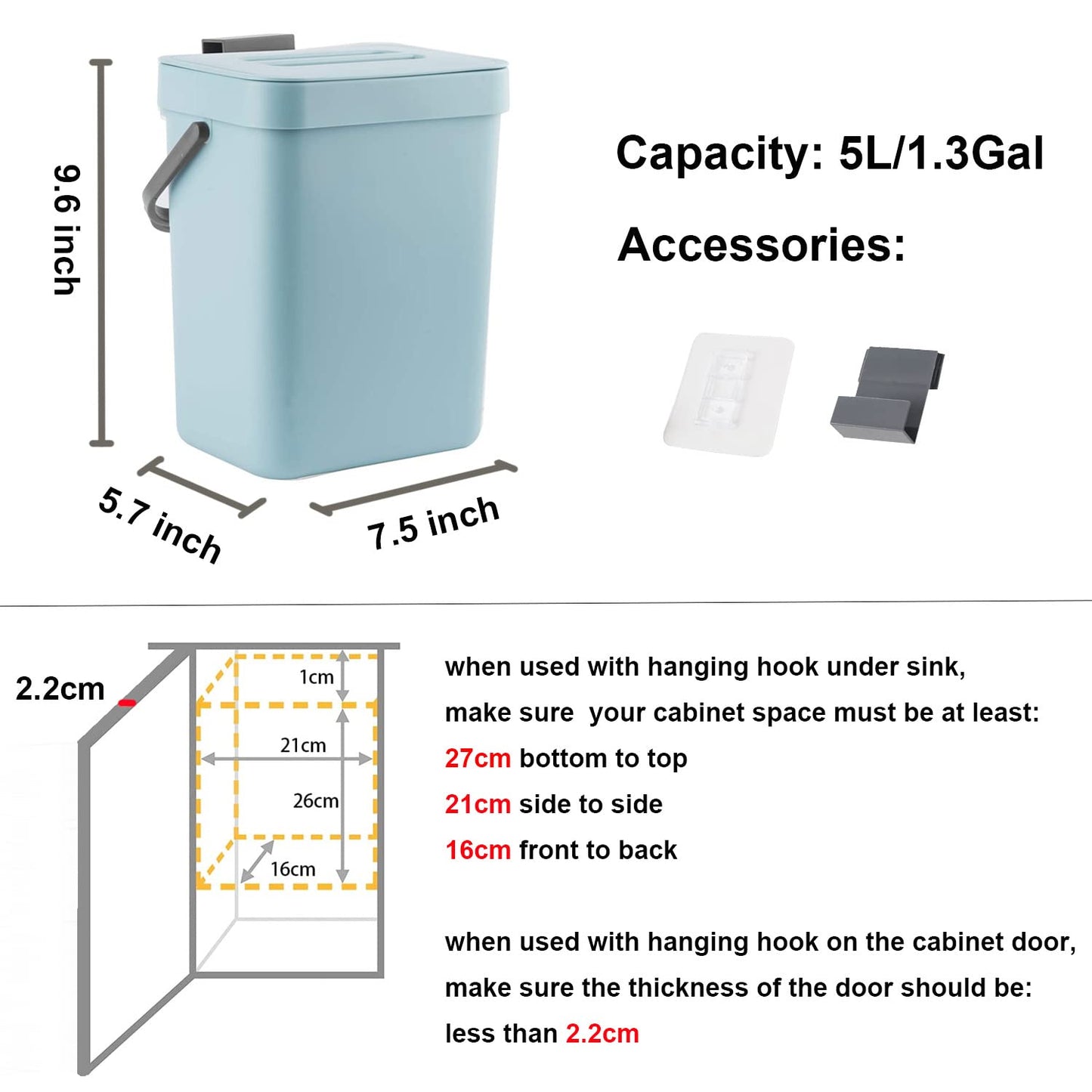 LALASTAR Small Trash Can with Lid, Compost Bin Indoor Kitchen Sealed Under Sink for Kitchen, Food Waste Bin for Countertop, Mountable Garbage Can for Bathroom, RV, 5L/1.3 Gal, Blue