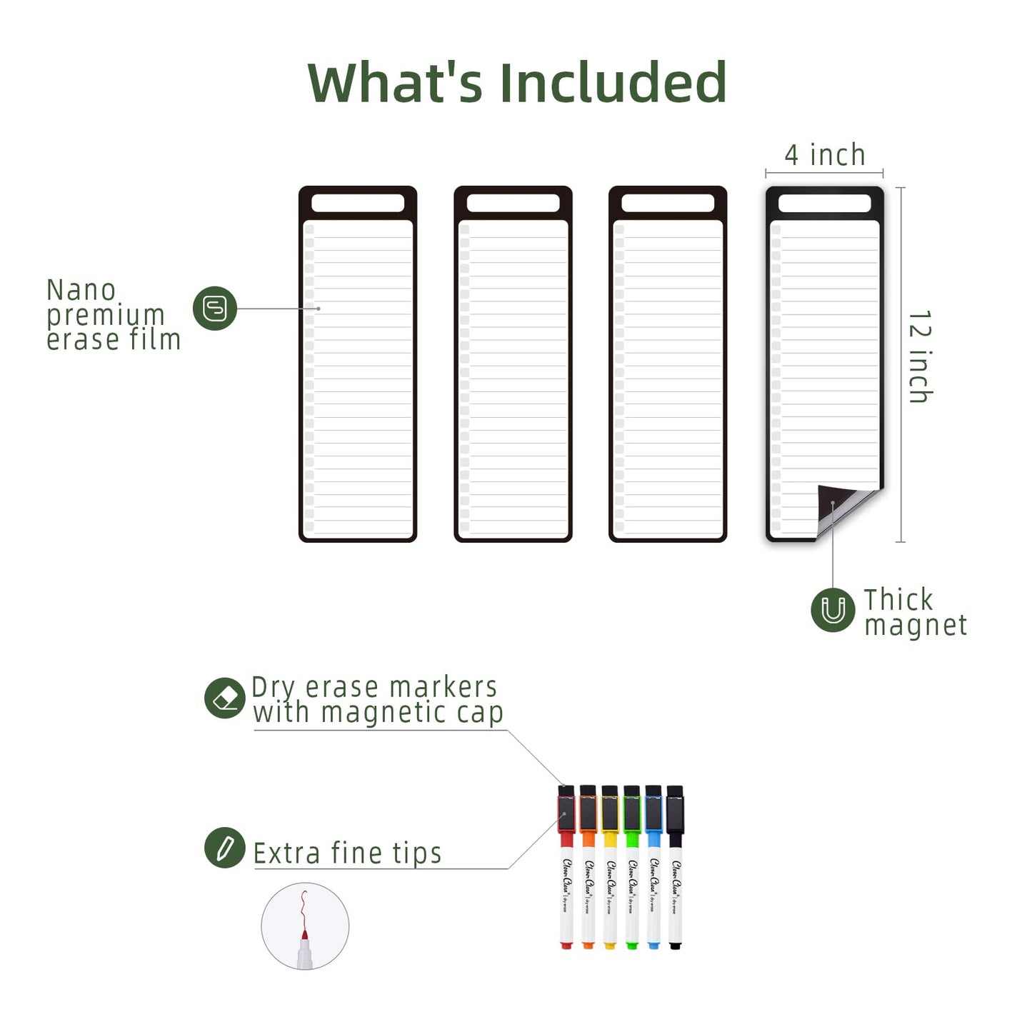 Magnetic Dry Erase List Board - 4"x12" Multifunctional List Board for Fridge - 6 Extra Fine Point Markers Included - Shipped Flat