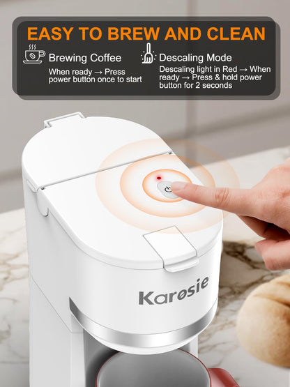 Karosie Single Serve Coffee Maker for K-Cup and Ground Coffee, Fast Brew, 6-12 oz Brew Sizes One Cup Coffee Machine Fits 5.5" Mugs, One-Button Small Coffee Maker with Descaling Reminder,White