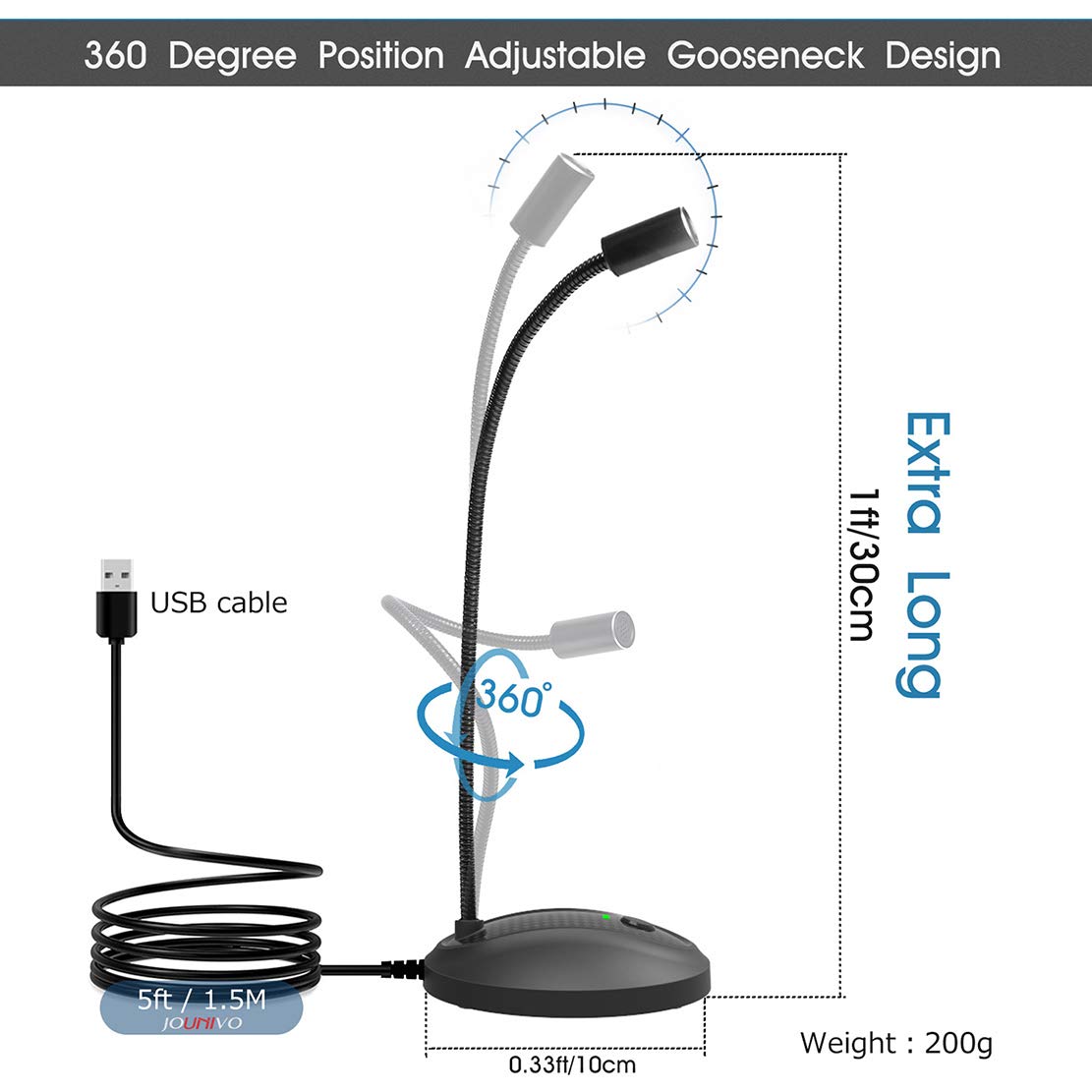 JOUNIVO USB Microphone, 360 Degree Adjustable Gooseneck Design, Mute Button & LED Indicator, Noise-Canceling Technology, Plug & Play, Compatible with Windows & MacOS
