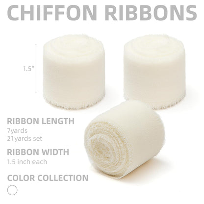 KEOSREE 3 Rolls Cream White Handmade Chiffon Ribbon,1.5" x 21Yd Frayed Fringe Silk Ribbons (3 Rolls *7Yd) for Gifts Wrapping, Wedding Invitations, Bridal Bouquets, Decorations