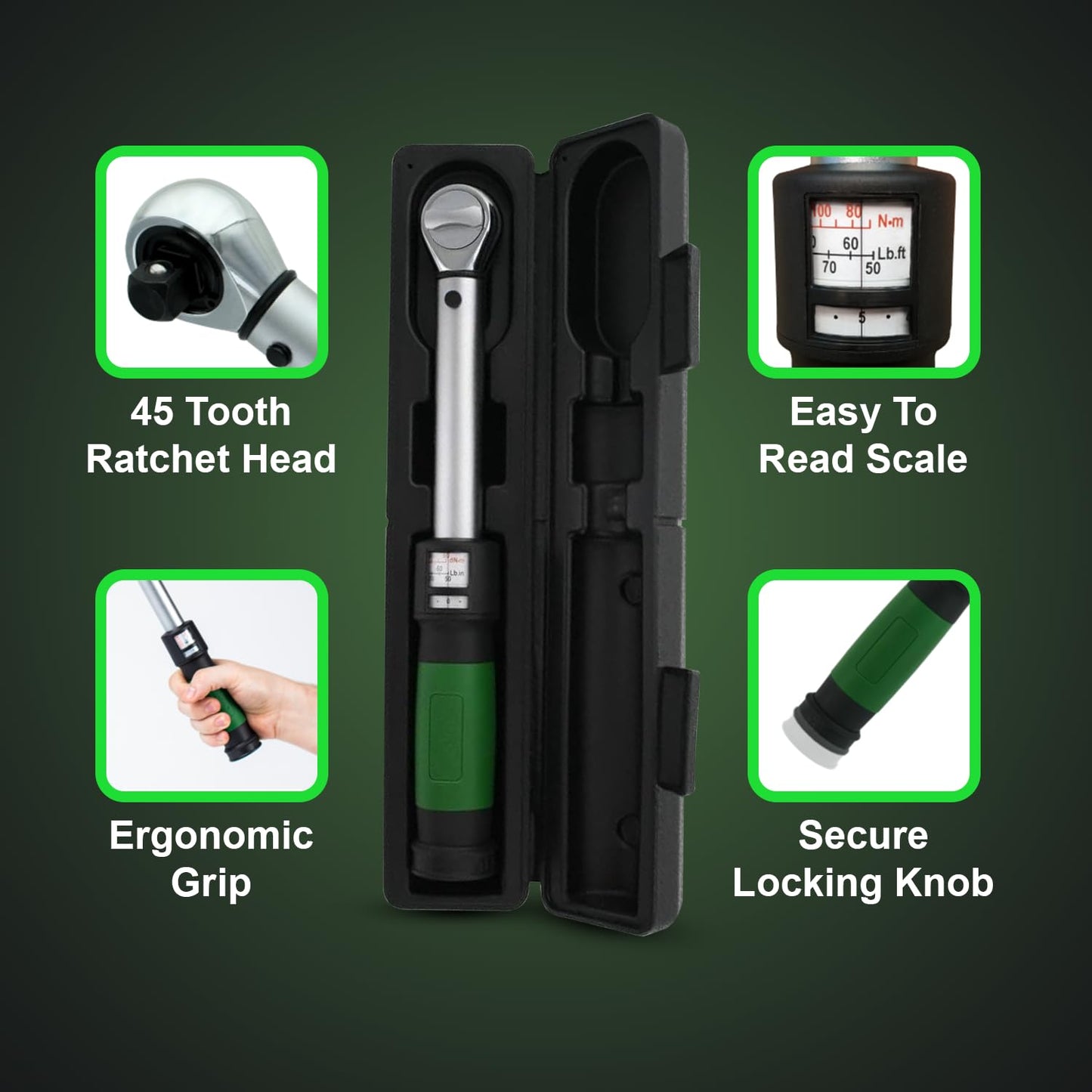 eTORK - Click-Style Torque Wrench - 3/8 Inch Drive 50-250 in.-lb., Ratchet Mechanic Tool Set Socket Wrench, Easy Read Scale, Ergonomic Grip Precision, Automotive Repairs, Professional Hand Tools