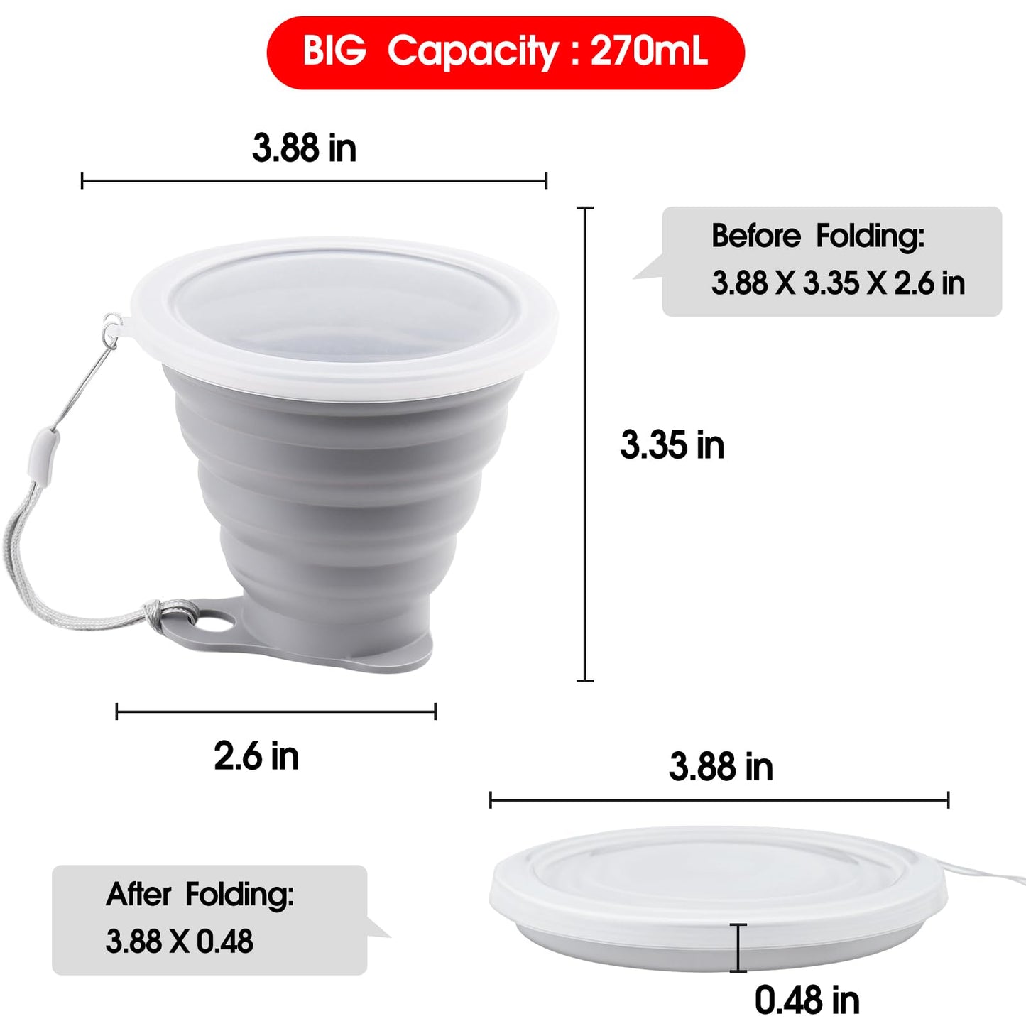 Nanaborn Silicone Collapsible Cups for Camping Travel, Small Portable Drinking Cup with Lids Reusable for Outdoor Hiking 270ml (Blue/Gray, 2 Pack)