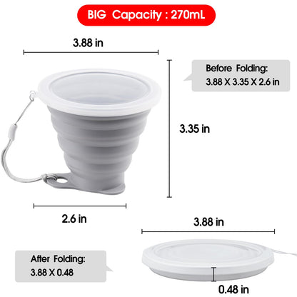 Nanaborn Silicone Collapsible Cups for Camping Travel, Small Portable Drinking Cup with Lids Reusable for Outdoor Hiking 270ml (Blue/Gray, 2 Pack)