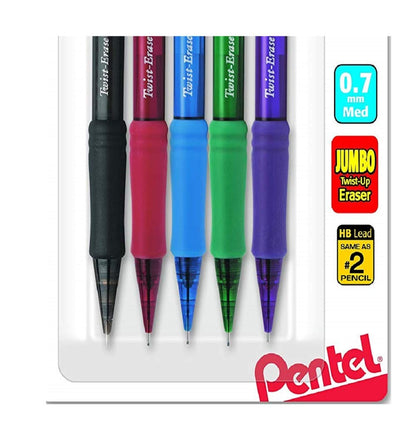 Pentel Twist-Erase Express Mechanical Pencil, (0.7mm), Medium Line, Assorted Fashion Colors, Pack of 5 (QE417FBP5M)