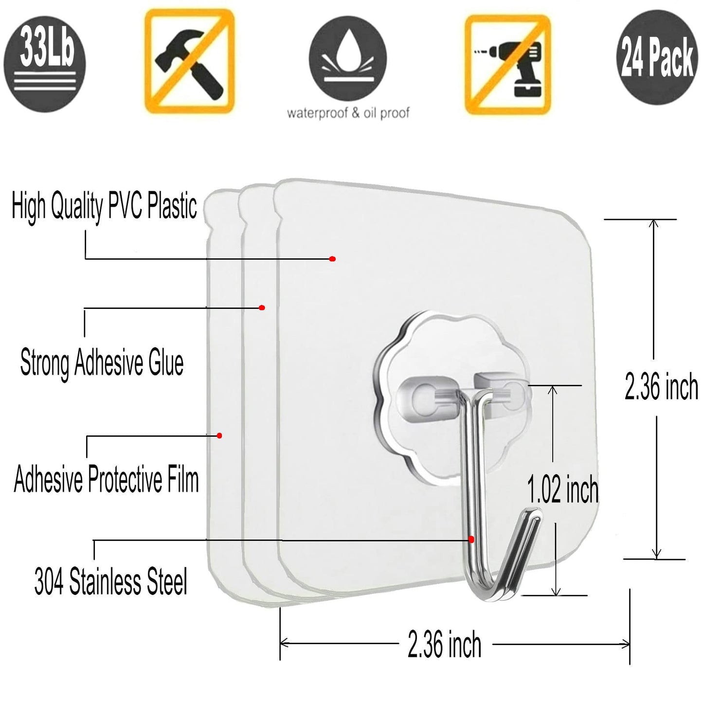 Jwxstore 24 Pack Heavy Duty Self Adhesive Hooks - 33lb Max, Transparent, Waterproof, Sticky Wall Hooks for Keys, Bathroom, Shower, Outdoor, Kitchen, Door, Home Improvement, Utility