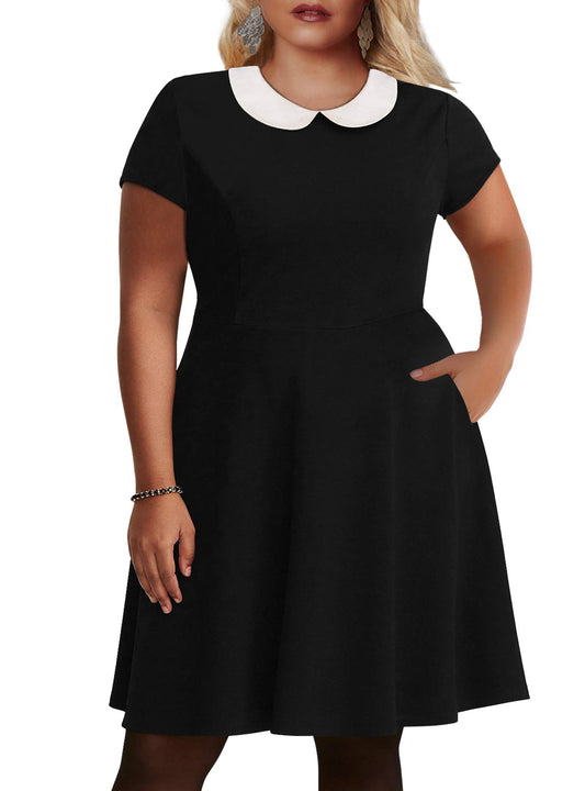 Nemidor Women's Peter Pan Collar Fit and Flare Plus Size Skater Party Dress NEM176 (Black, 20W)