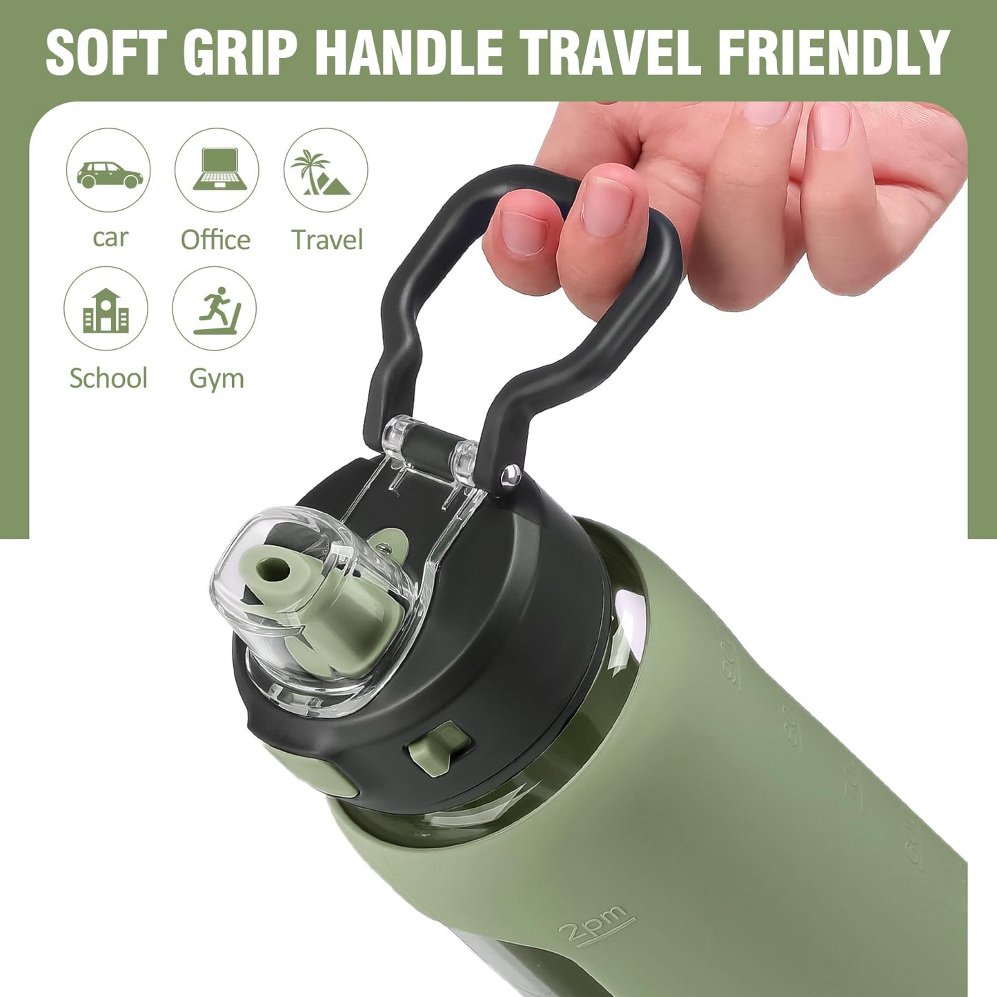 Kodrine 32 oz Glass Water Bottle with Straw and Carry Loop, One-Touch Leakproof Locking Lid, Reusable Drinking Bottle with Time Marker for Travel Home Gym Sports (Olive)