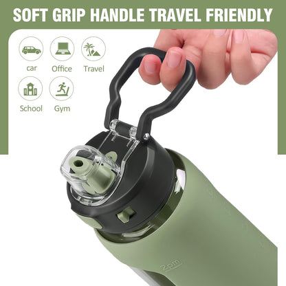 Kodrine 32 oz Glass Water Bottle with Straw and Carry Loop, One-Touch Leakproof Locking Lid, Reusable Drinking Bottle with Time Marker for Travel Home Gym Sports (Olive)