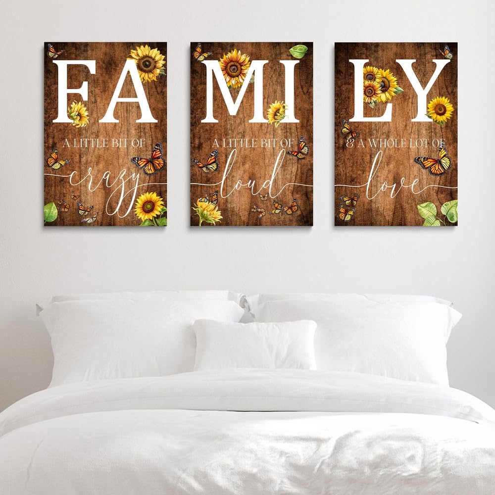 GUBIYU Farmhouse Family Wall Art Set of 3, Rustic Wall Decor for Living Room & Dining Room, Retro Brown Wood Wall Art - Butterfly & Sunflower Decor, 12"x16"