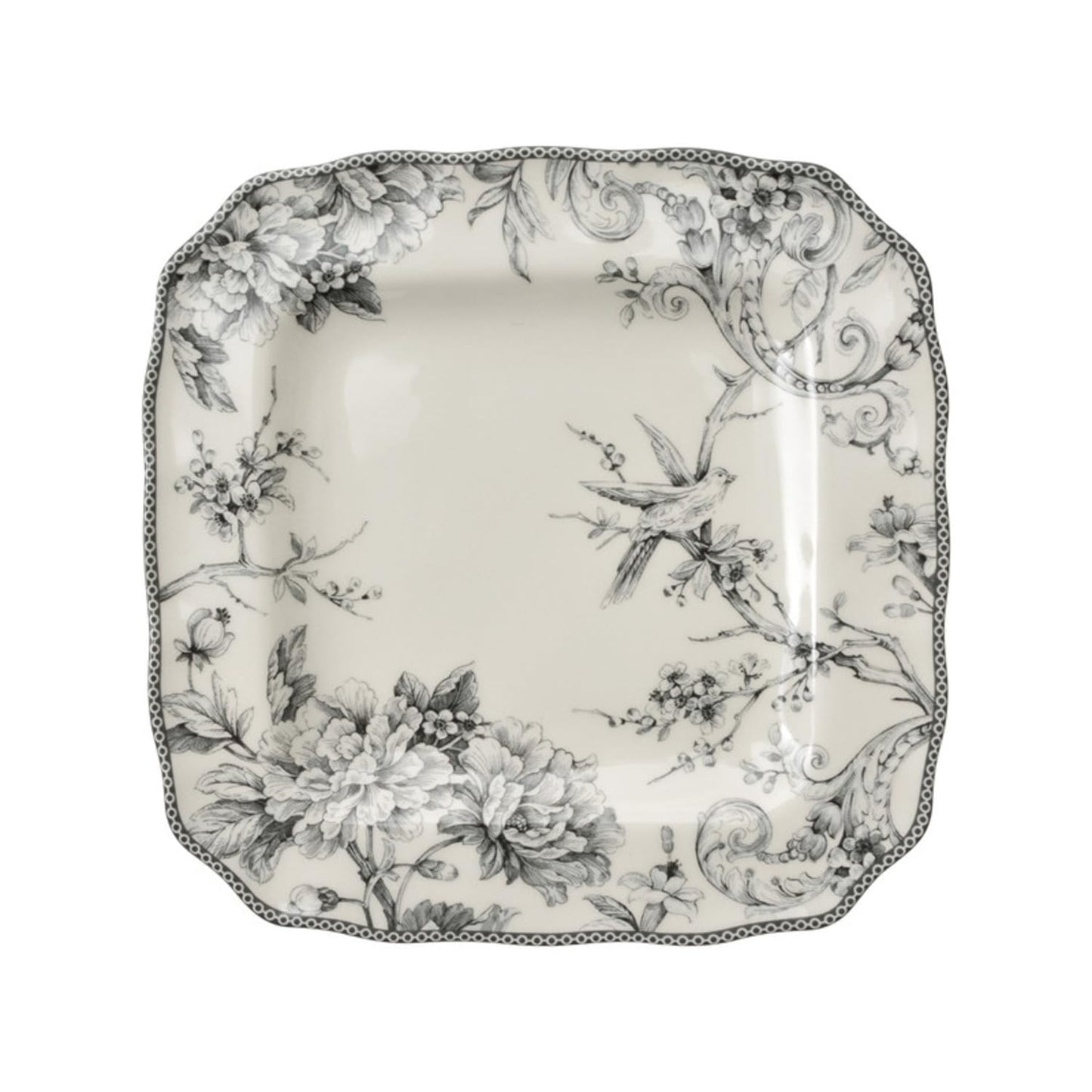 222 Fifth Adelaide 16-Piece Square Floral Dinnerware Set – Service for 4, Grey & White Porcelain Plates & Bowls, for Everyday Dining & Entertainment, Microwave & Dishwasher Safe, Chip Resistant