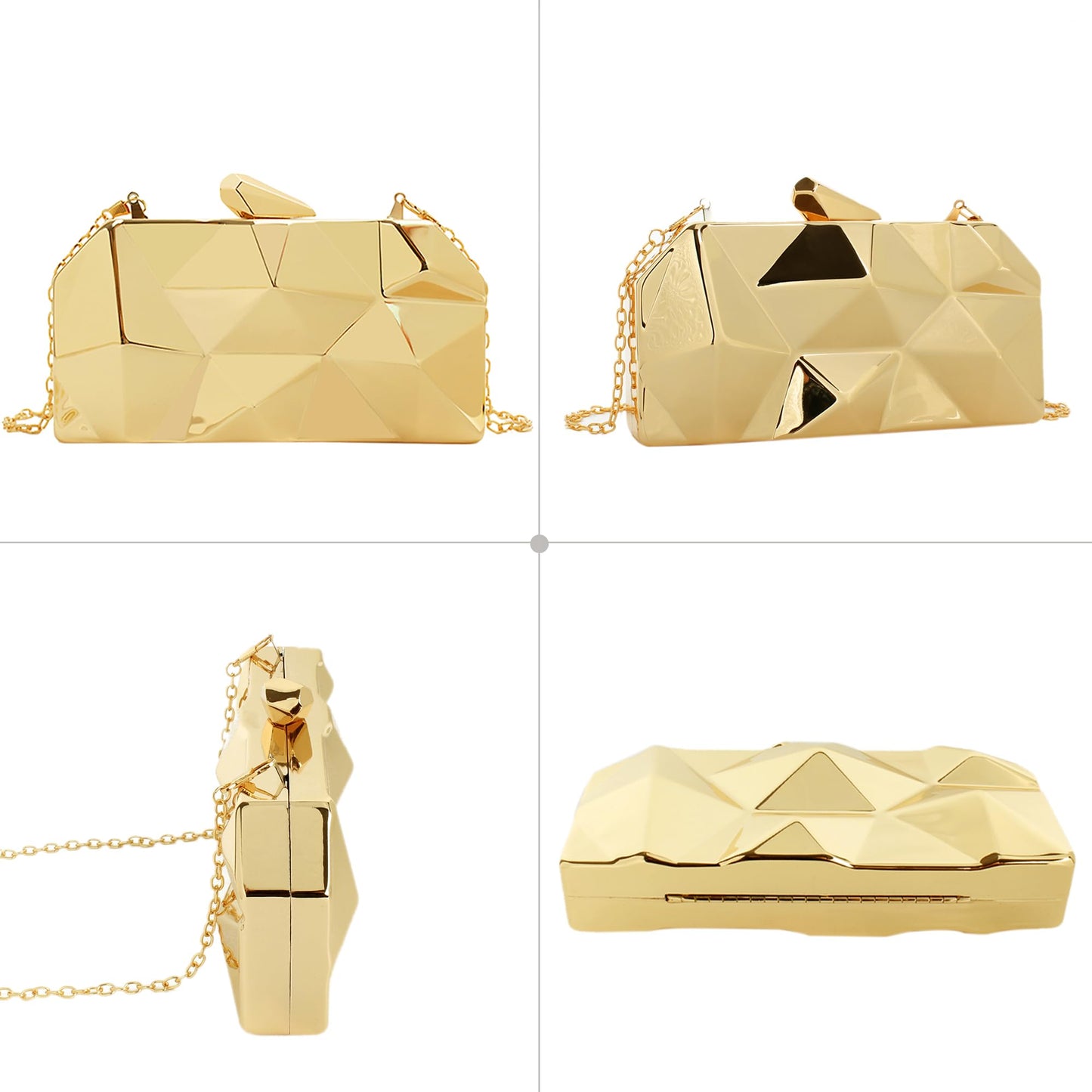 Reberomantic Women Lattice Pattern Metal Handbag Chain Geometric Evening Clutch Purse (G-Large Gold)