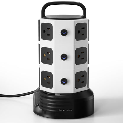 Power Strip Tower Surge Protector, JACKYLED 12 Outlets 6 USB (2 USB C) Charging Station, Extension Cord with Multiple Outlets, 1050J 1625W/13A Outlet Extender 6.5ft Extension Cord for Home Office