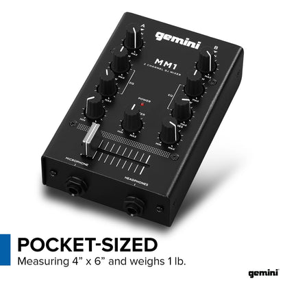Gemini Portable 2-Channel DJ Mixer – Pocket-Sized Mini Audio Mixer with RCA, Mic & Headphone Jacks, Pro Crossfader & EQ – Compact Mixer for Beginners & Mobile DJs On-the-Go (MM1)