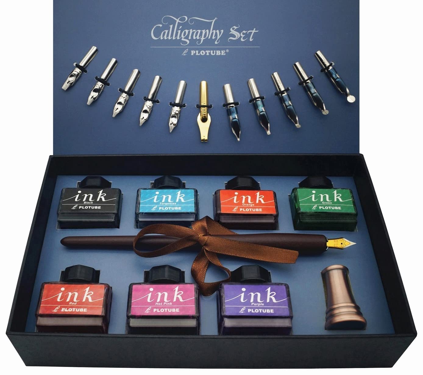 Plotube Calligraphy Pen Set – Includes Wooden Dip Pen, Antique Brass Holder, 11 Nibs, 7 Colors Ink Bottles and Beginner's Manual