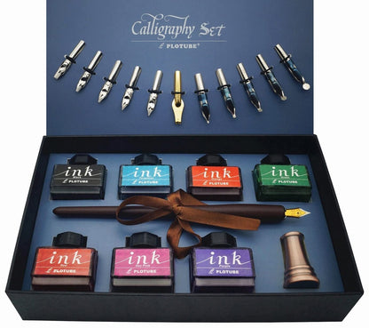 Plotube Calligraphy Pen Set – Includes Wooden Dip Pen, Antique Brass Holder, 11 Nibs, 7 Colors Ink Bottles and Beginner's Manual