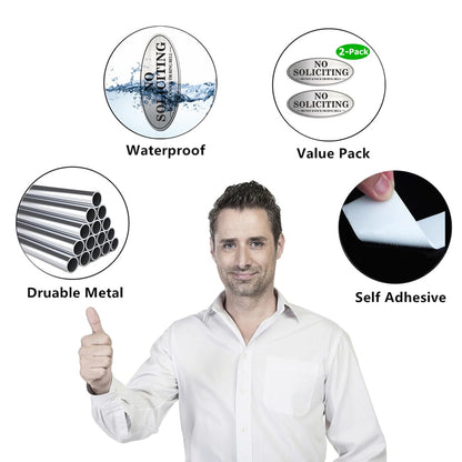 No Soliciting Sign, 2 Pack Self-Adhesive Aluminum Metal No Solitation Do Not Knock or Ring Bell Sign, 7.0 x 3.0 inches Fade Resistang Signs for Office and Home (Brushed Nickel/Black)