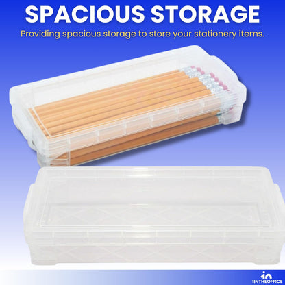 1InTheOffice Pencil Box, Stackable Translucent Clear 8.25 x 1.5 x 4 Inches, (4 Pack)