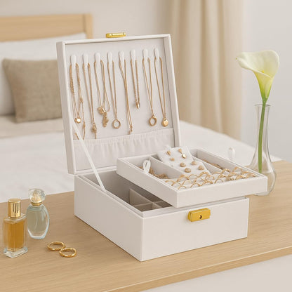 Prestige & Fancy 2 Layer Woman Jewelry Box, Jewelry Organizer For Woman, Men & Girls Large Case 8.5x7.5x3.3in | PU Leather Black Jewelry Gift Storage Boxes For Ring, Necklace & Bracelet With Lock