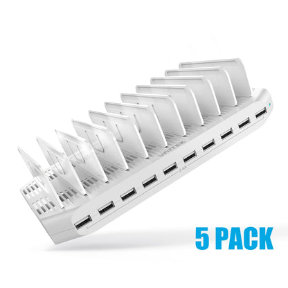 【5PCS】 Unitek Multi Charging Station, 10-Port USB Charger for Multiple Device with SmartIC Tech and Adjustable Dividers, Organizer Stand Compatible with iPad, Tablet, Kindle, iPhone - 5PCS, White