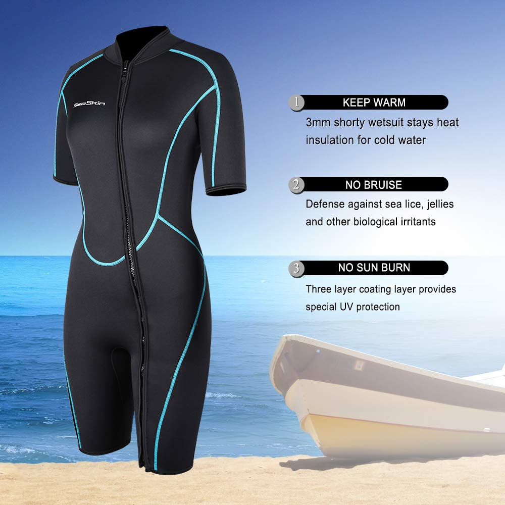 Seaskin Mens 3mm Shorty Wetsuit Womens, Full Body Diving Suit Front Zip Wetsuit for Diving Snorkeling Surfing Swimming Medium