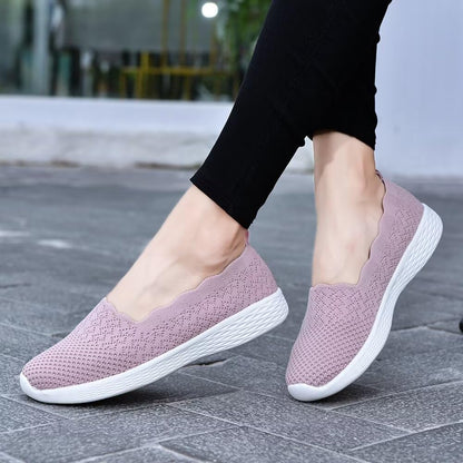 poemlady Women's Slip on Loafer Shoes - Mesh Casual Ballet Flat Nurse Walking Sneakers Knit Round Toe Casual Low Wedge Memory Foam Shoes, 1905 B/Pink 8.5