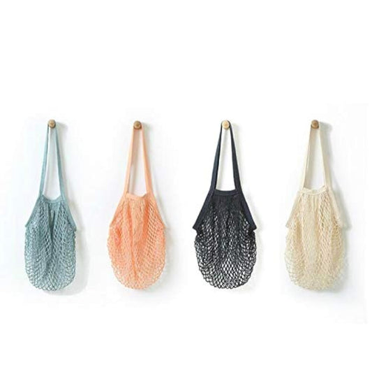 JM-capricorns 4 Pack Portable Reusable Grocery Bags Fruit and Vegetable Bag Washable Cotton Mesh String Organic Organizer Shopping Handbag Long Handle Net Tote (blue,Black,Beige,Orange)