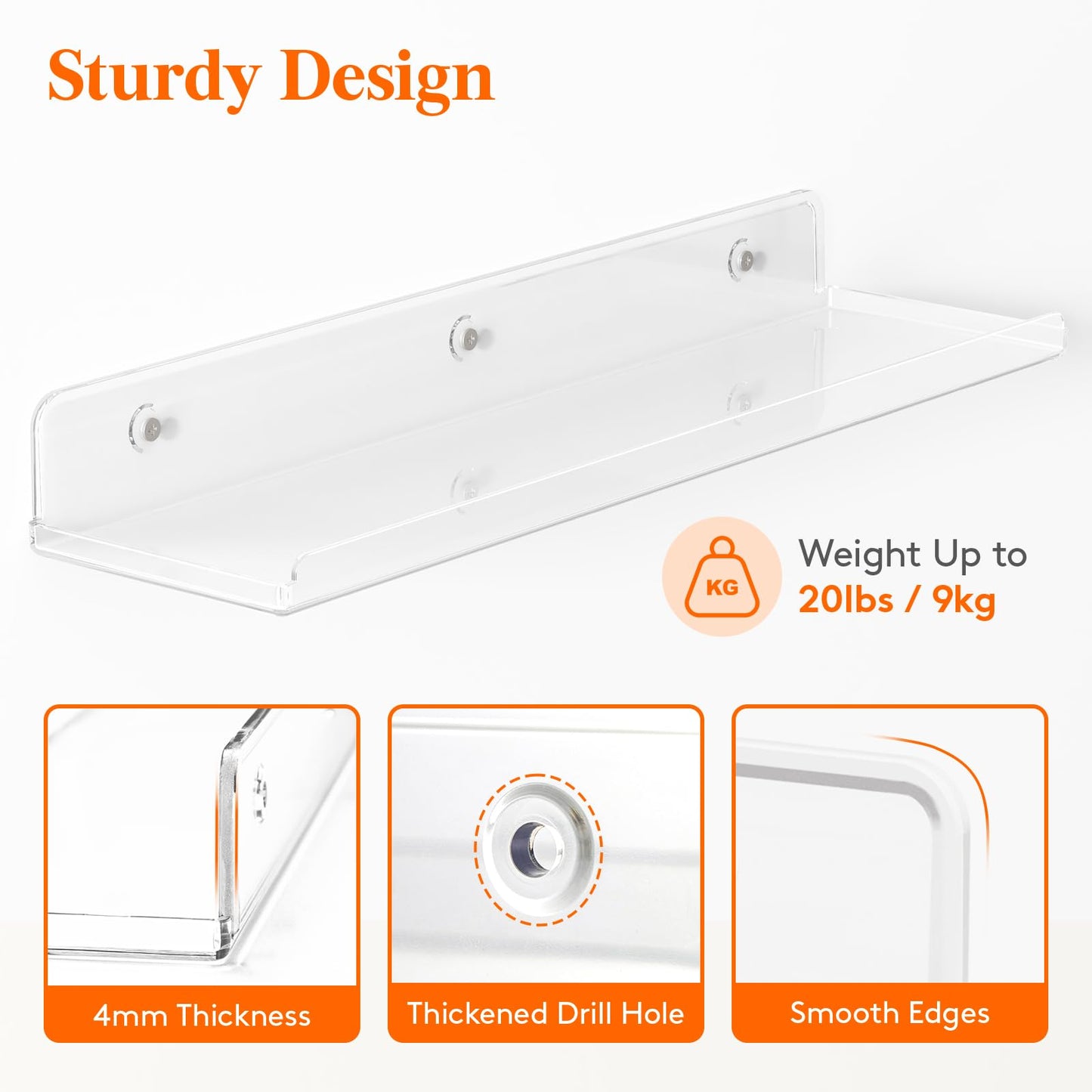 Lifewit Floating Shelves for Wall, 6 Pack 15" Clear Acrylic Shelf Room Decor for Book/Figures/Photo/Makeup in Bathroom, Book Shelf, Living Room, Bedroom, Kitchen Storage and Organization