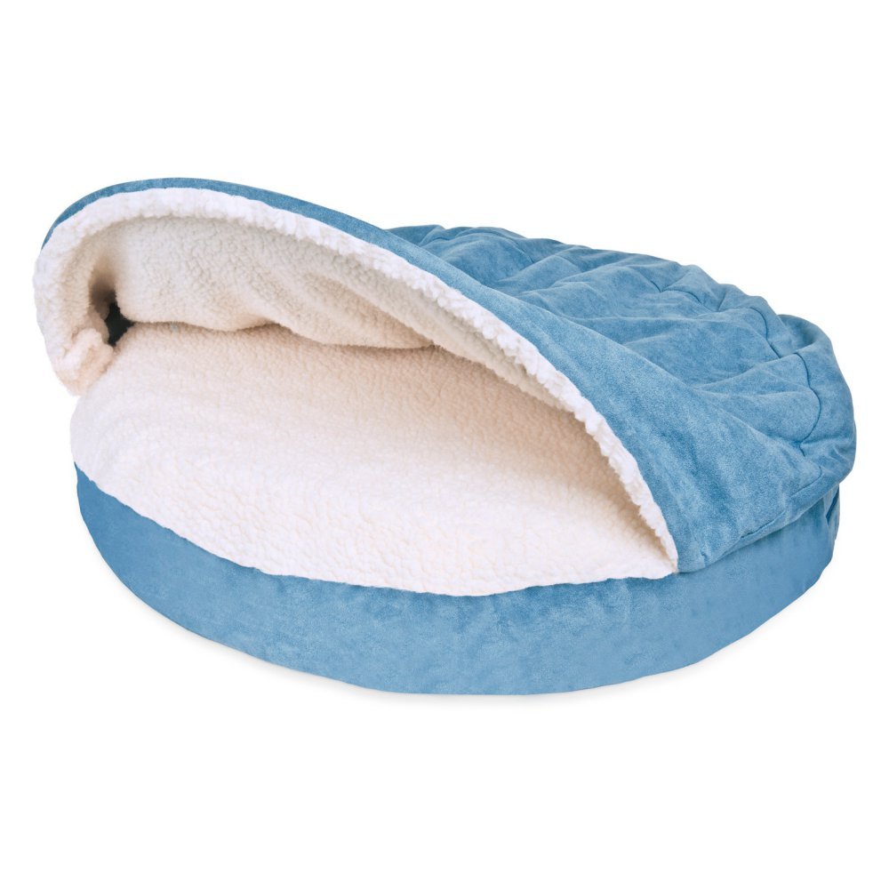 Furhaven 26" Round Orthopedic Dog Bed for Medium/Small Dogs w/ Removable Washable Cover, For Dogs Up to 30 lbs - Sherpa & Suede Snuggery - Blue, 26-inch