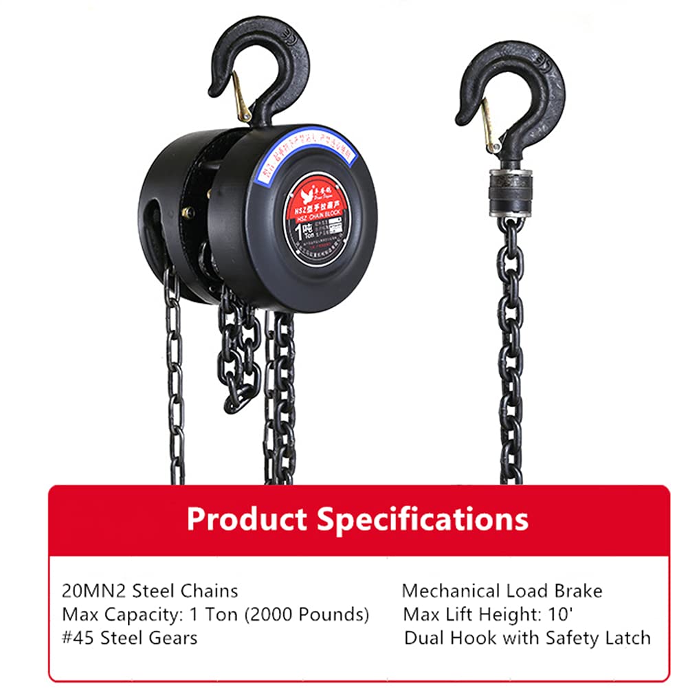 Manual Chain Hoist | 1 Ton/2000 lbs Capacity | 10’ Lift | 2 Hooks | Manual Hand Lift Steel Chain Block Hoist (1T)