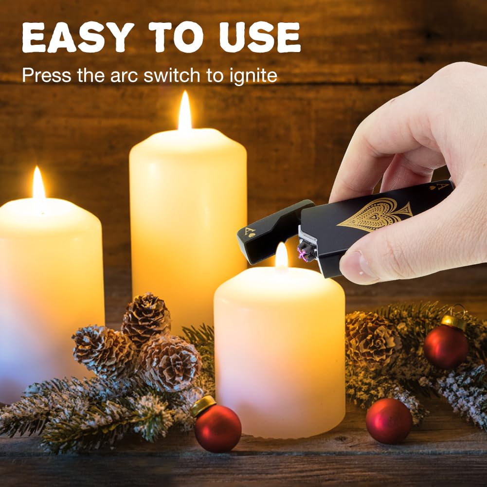 LcFun Electric Lighter Rechargeable USB, Dual Arc Plasma Lighter, Windproof Flameless Electronic Lighters, Pocket Metal Lighters with LED Battery Indication for Candles, Camping (Black Ace)